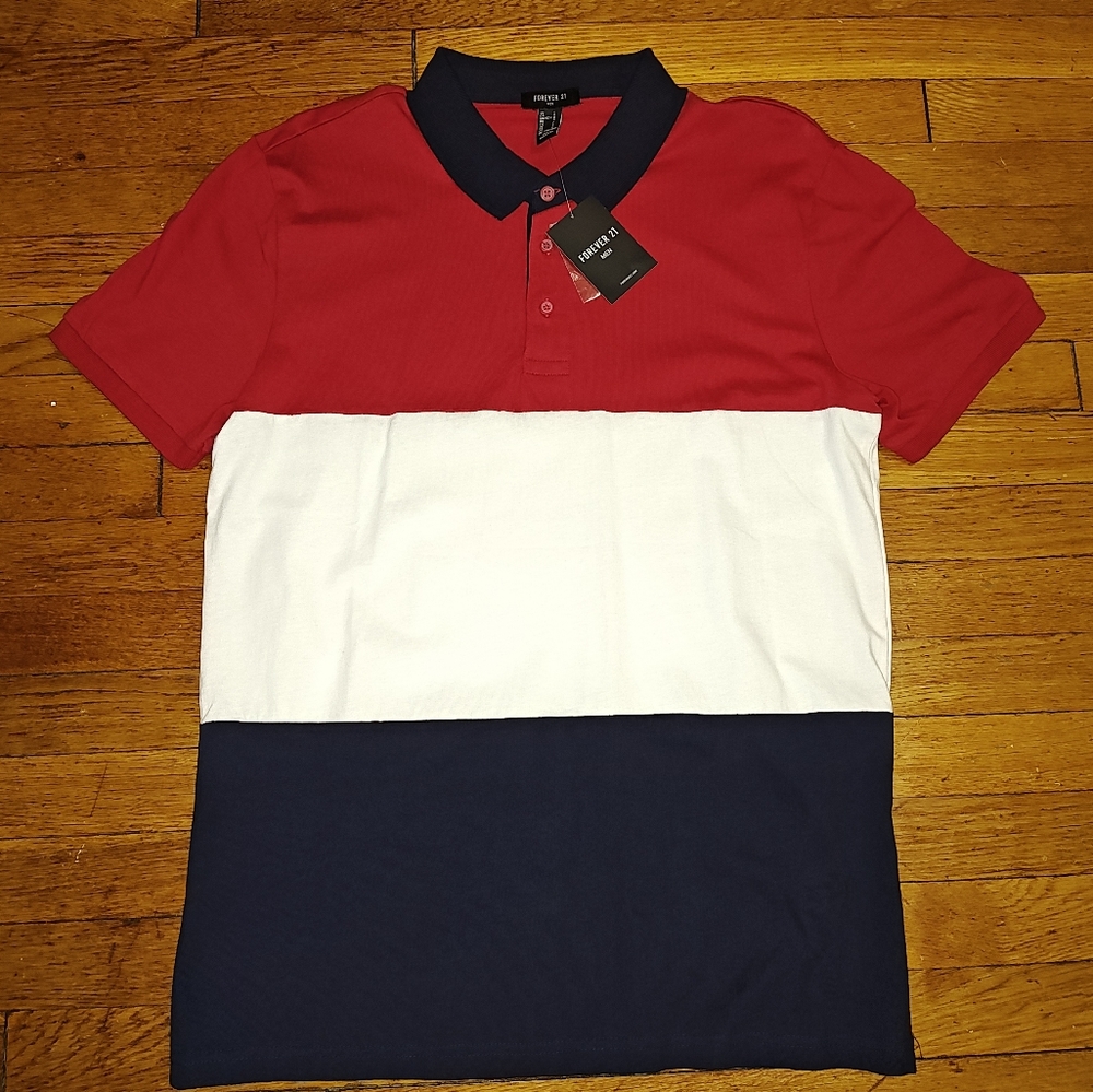 BNWT Forever 21 Men's Polo Shirt Size Large Sz L Red White Blue Color Block